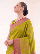 Lime Green Mantra Khaddi Georgette Handloom Banarasi Saree - Sacred Weaves
