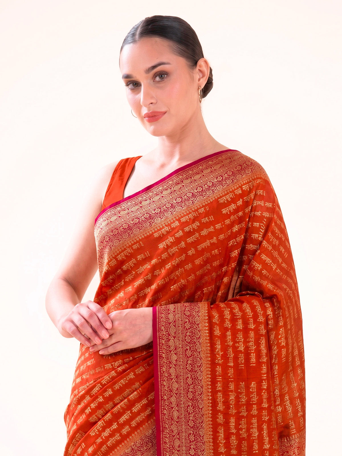 Dark Orange Mantra Khaddi Georgette Handloom Banarasi Saree - Sacred Weaves