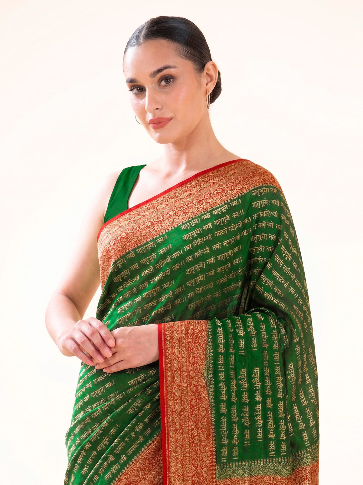 Bottle Green Mantra Khaddi Georgette Handloom Banarasi Saree - Sacred Weaves