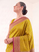 Yellow Mantra Khaddi Georgette Handloom Banarasi Saree - Sacred Weaves