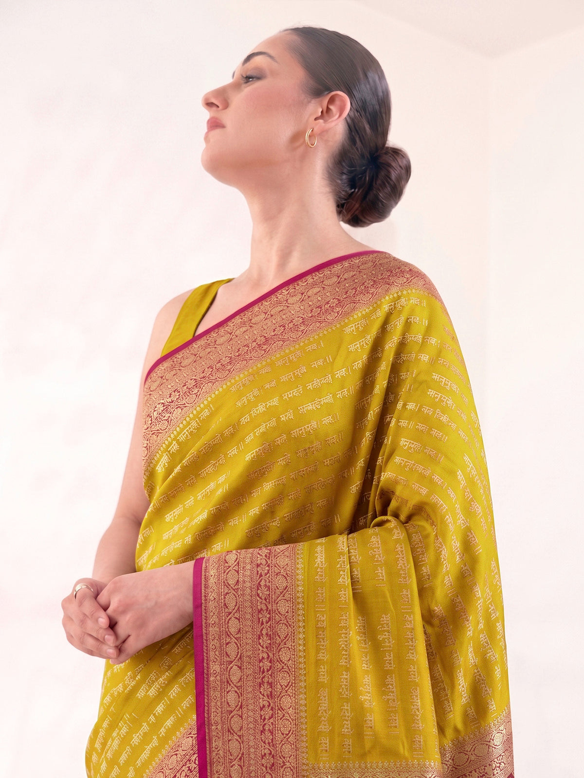 Yellow Mantra Khaddi Georgette Handloom Banarasi Saree - Sacred Weaves