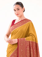 Mustard Red Plain Crepe Silk Handloom Banarasi Saree - Sacred Weaves