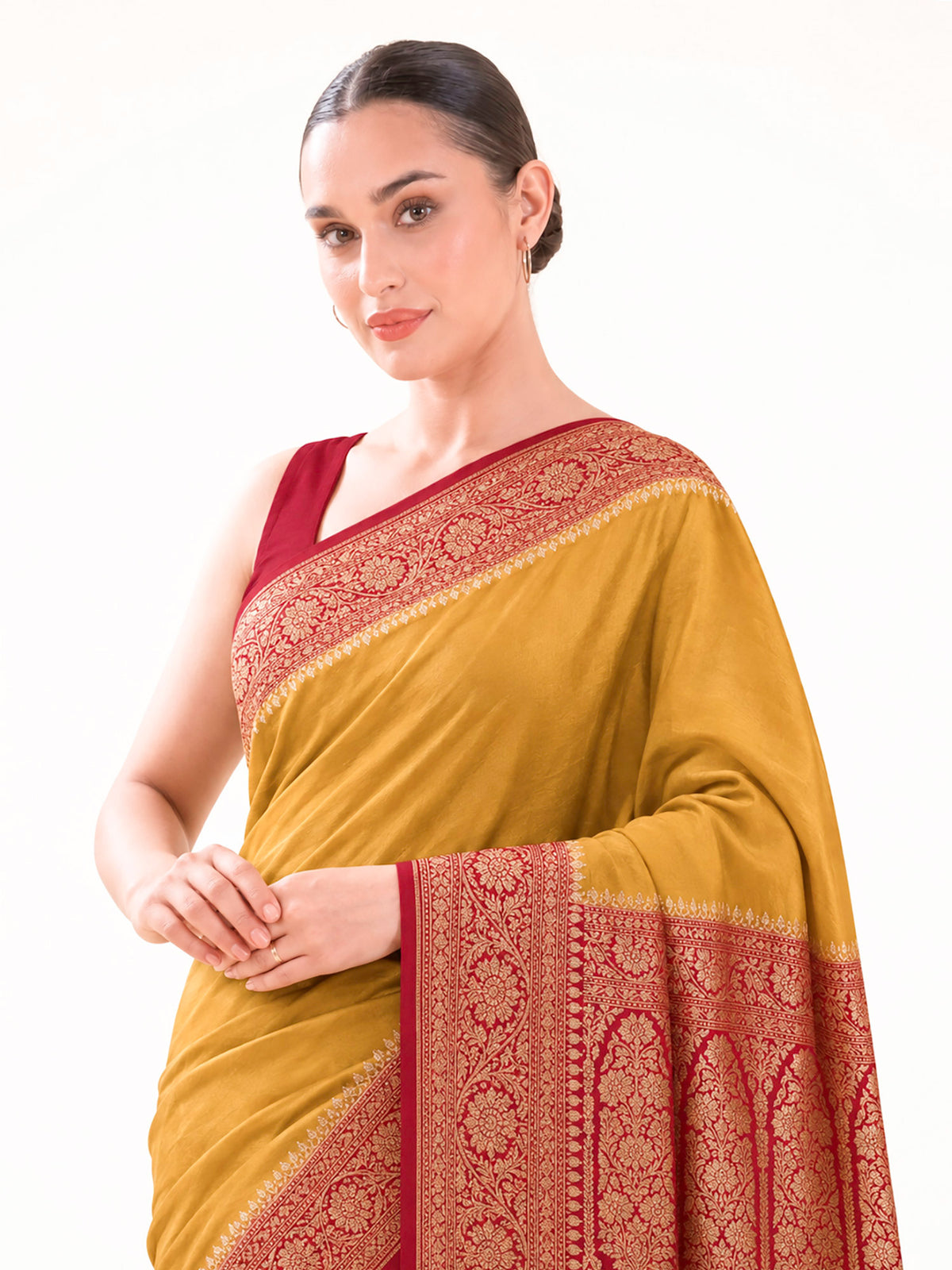 Mustard Red Plain Crepe Silk Handloom Banarasi Saree - Sacred Weaves
