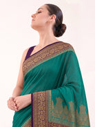 Teal Green Plain Crepe Silk Handloom Banarasi Saree - Sacred Weaves
