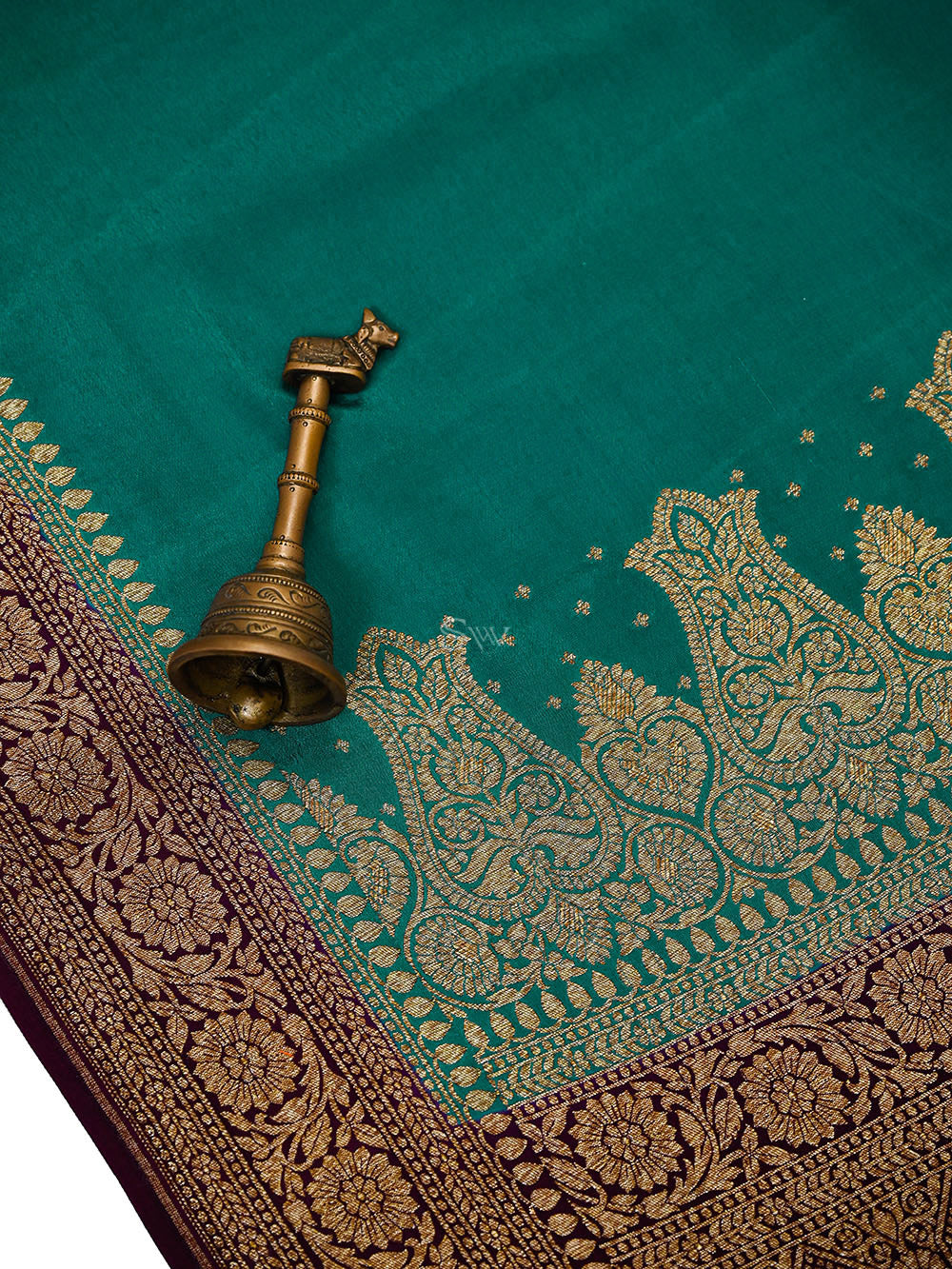 Teal Green Plain Crepe Silk Handloom Banarasi Saree - Sacred Weaves