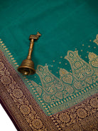 Teal Green Plain Crepe Silk Handloom Banarasi Saree - Sacred Weaves