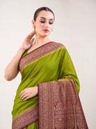 Olive Green Plain Crepe Silk Handloom Banarasi Saree - Sacred Weaves