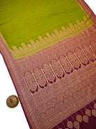 Olive Green Plain Crepe Silk Handloom Banarasi Saree - Sacred Weaves