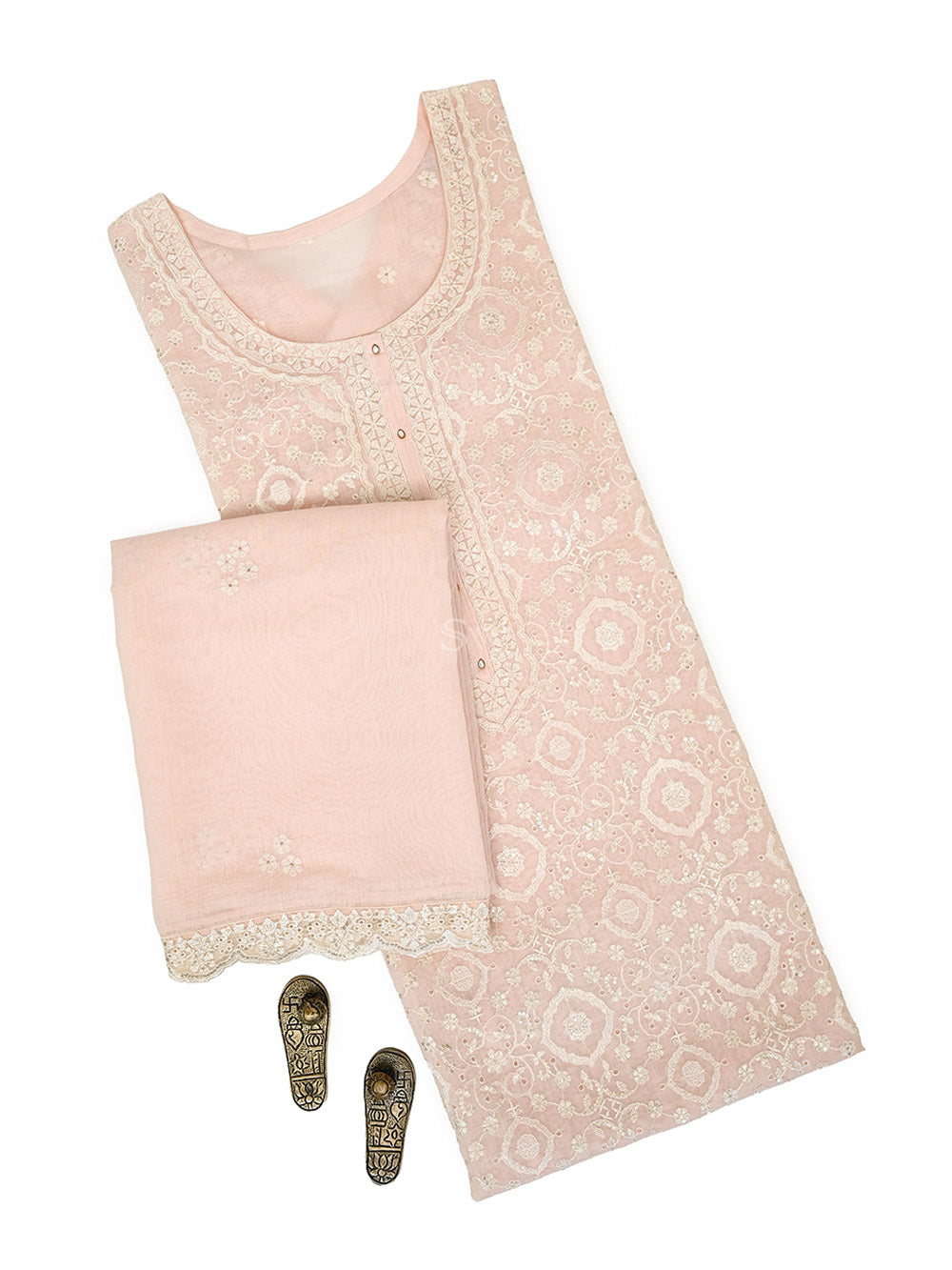 Pastel Pink Embroidered Cotton Handloom Banarasi Suit - Sacred Weaves