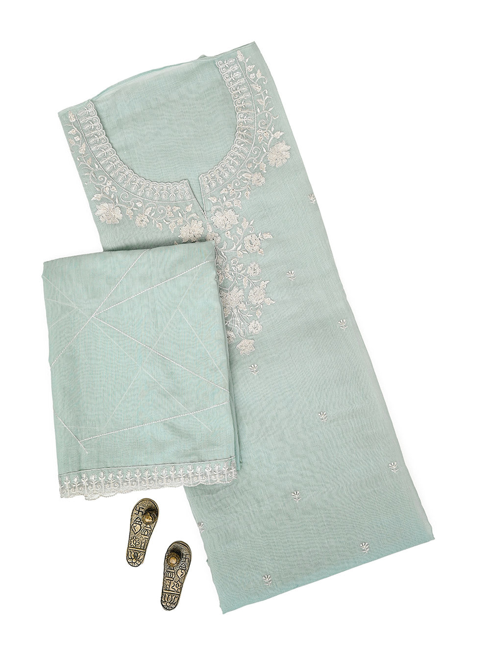 Light Sky Blue Embroidered Cotton Handloom Banarasi Suit - Sacred Weaves