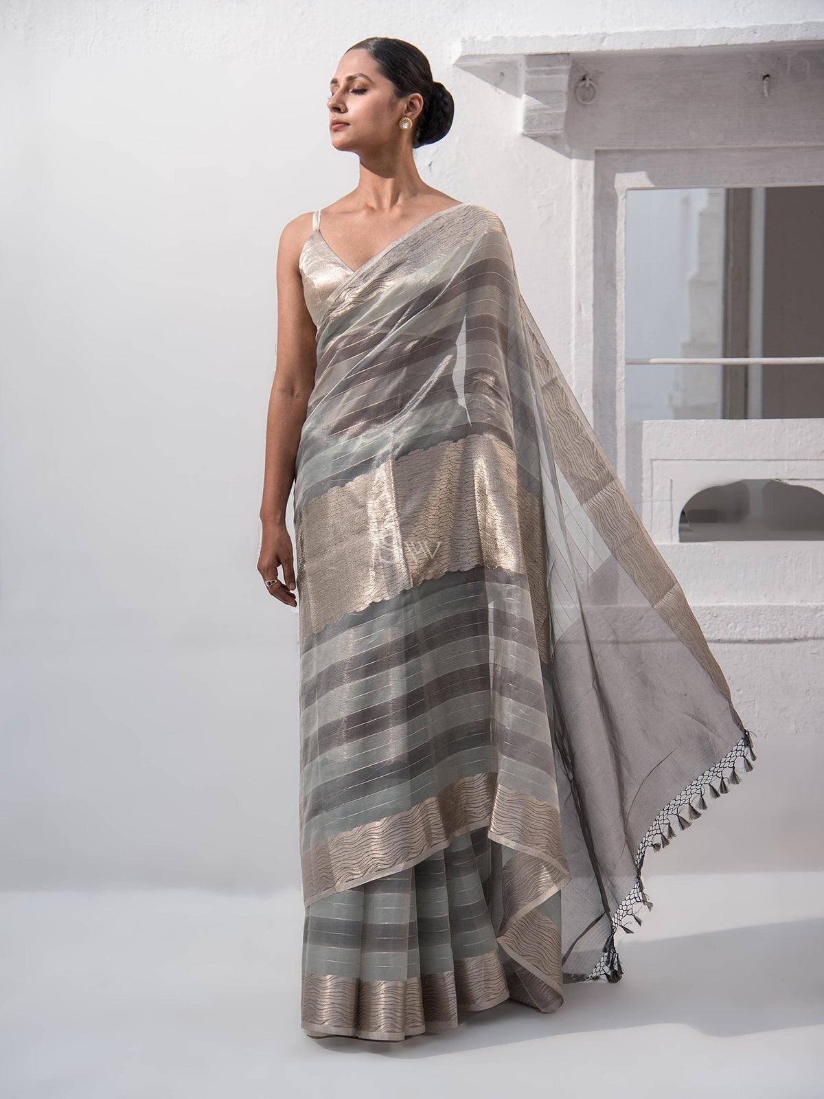 Grey Tissue Rangkat Handloom Banarasi Saree - Sacred Weaves