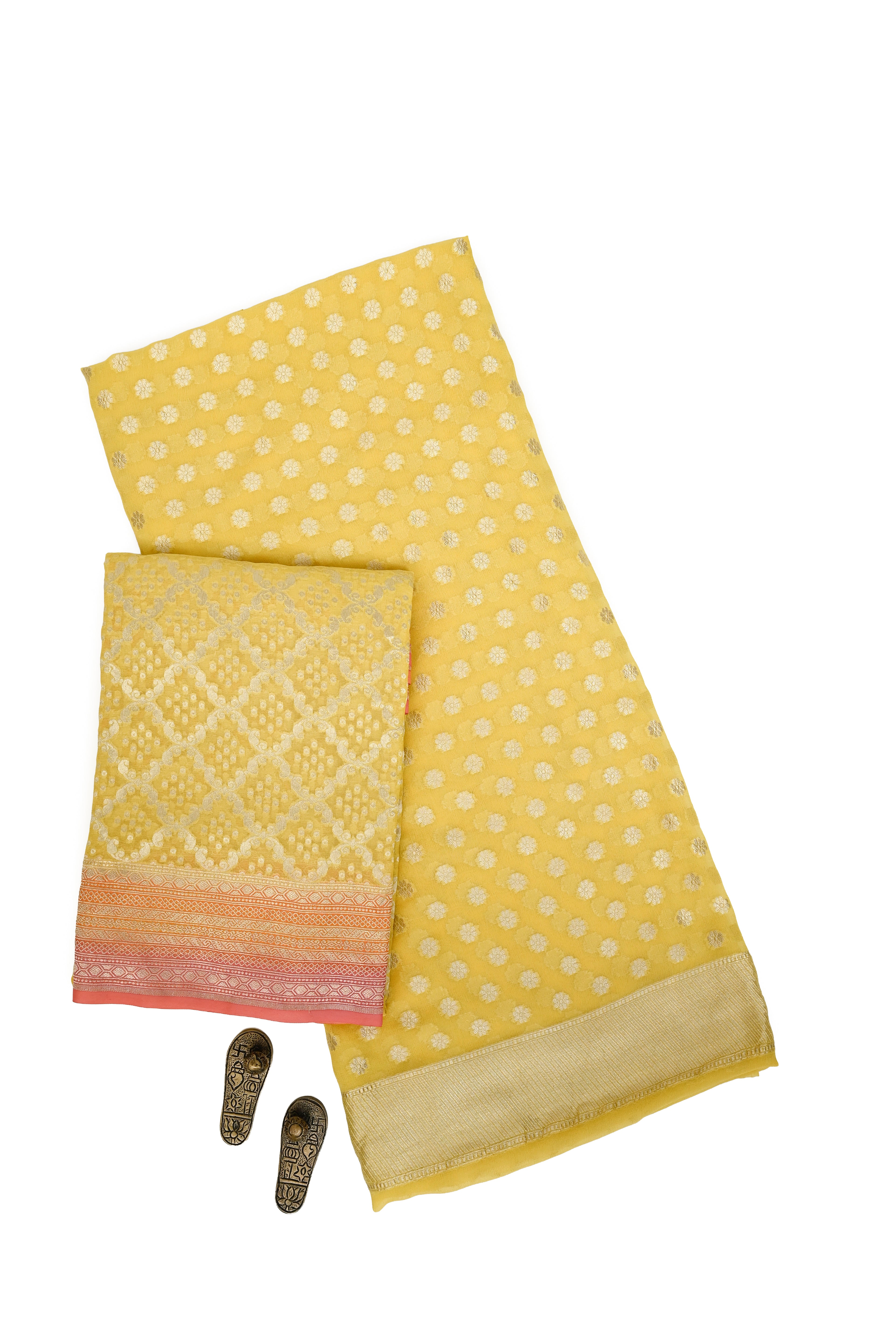 Yellow Booti Khaddi Georgette Handloom Banarasi Suit - Sacred Weaves