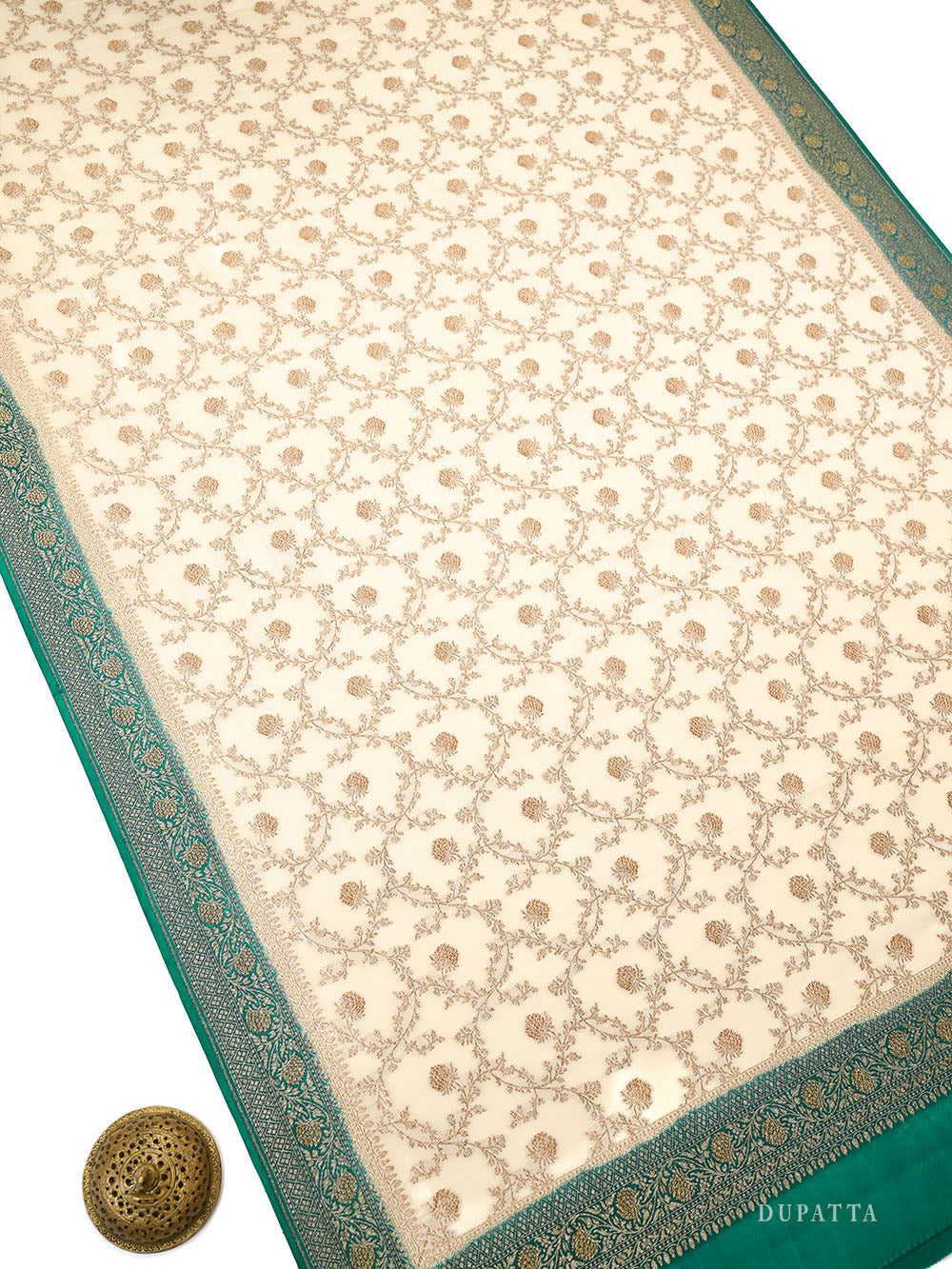 Teal Green Booti Crepe Silk Handloom Banarasi Suit - Sacred Weaves