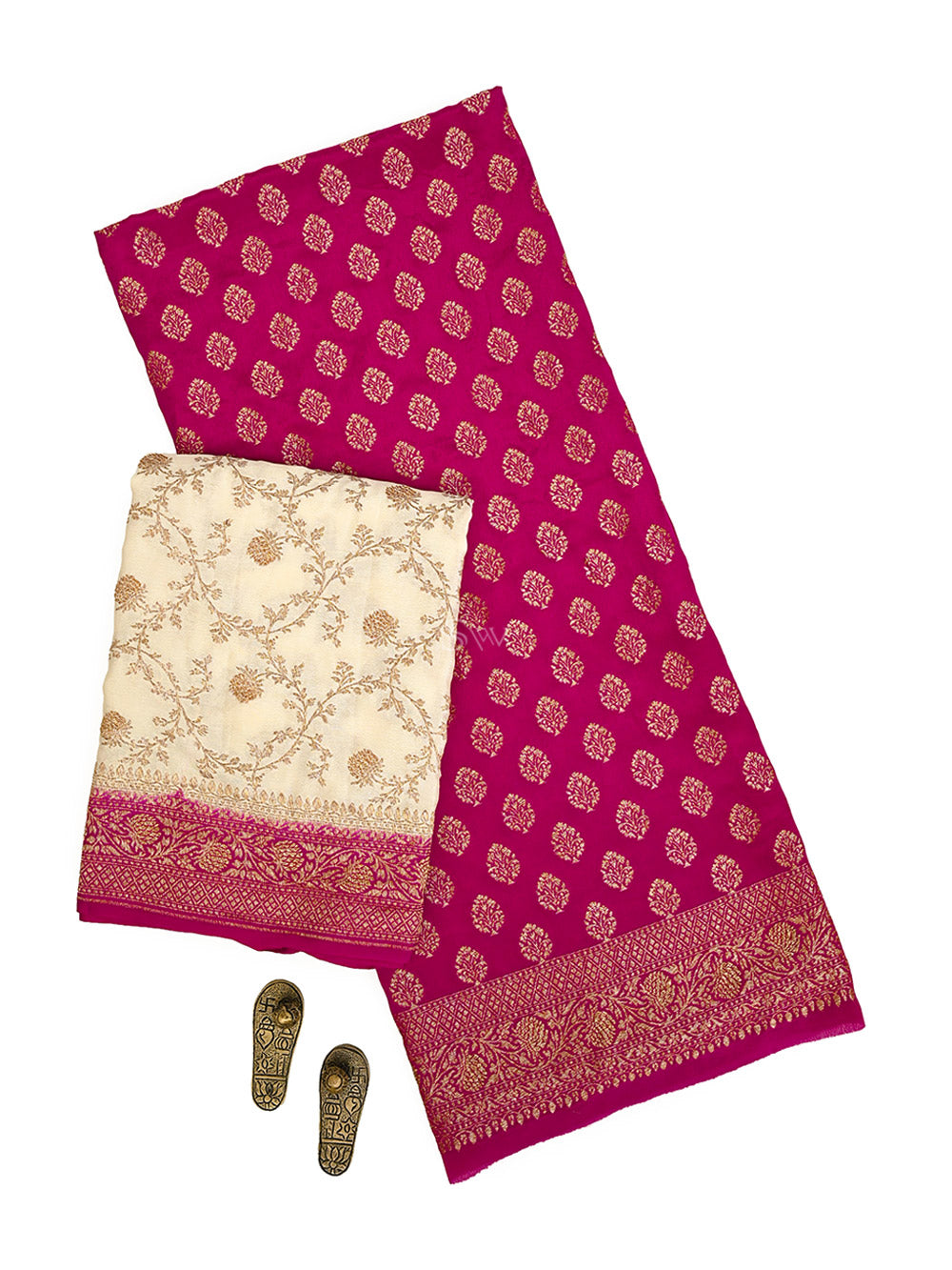Dark Pink Booti Crepe Silk Handloom Banarasi Suit - Sacred Weaves