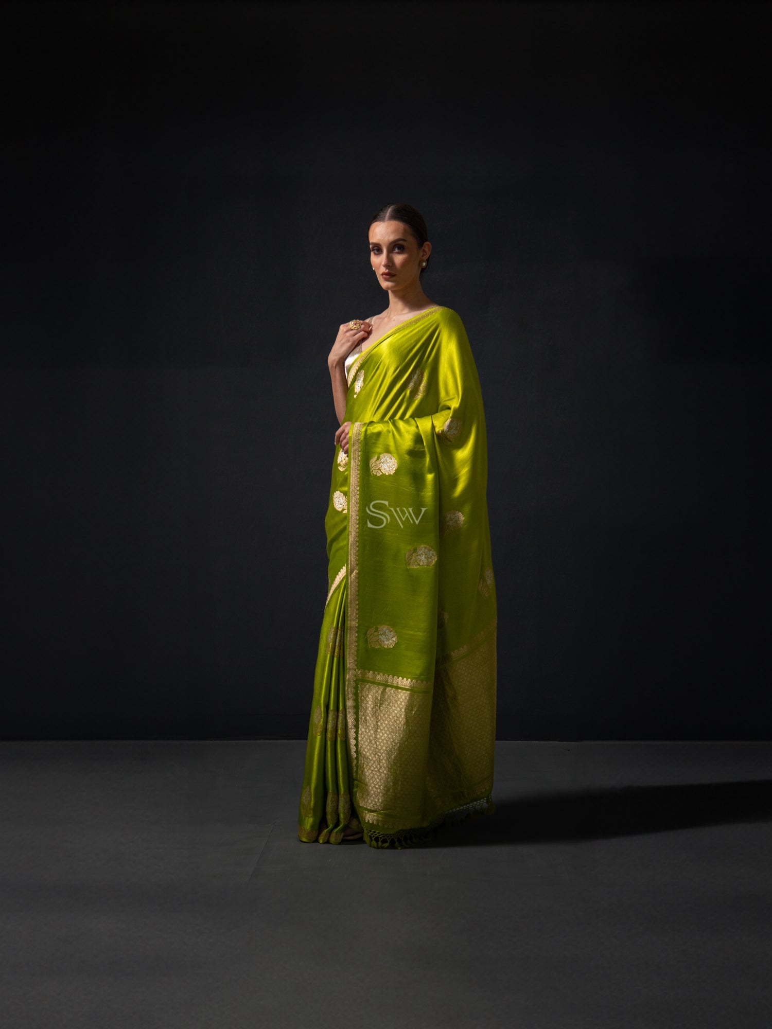 Parrot Green Boota Satin Silk Handloom Banarasi Saree - Sacred Weaves
