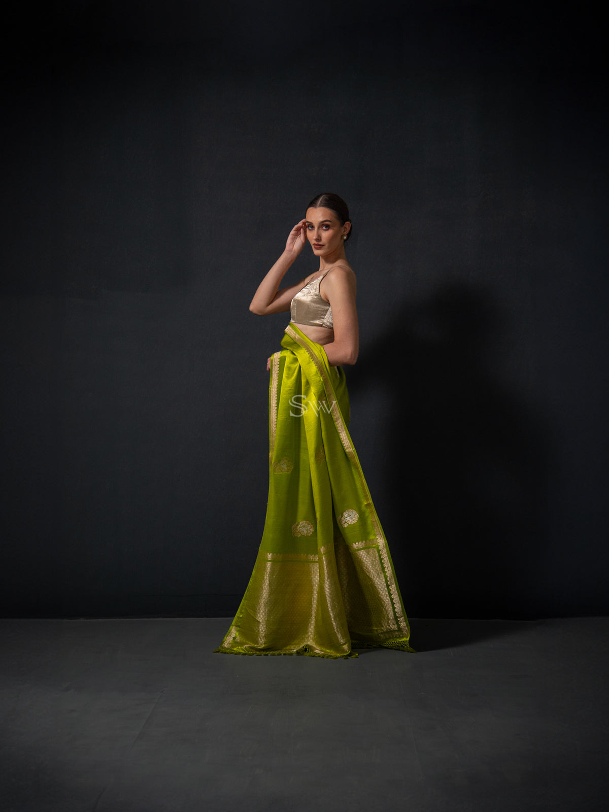 Parrot Green Boota Satin Silk Handloom Banarasi Saree - Sacred Weaves