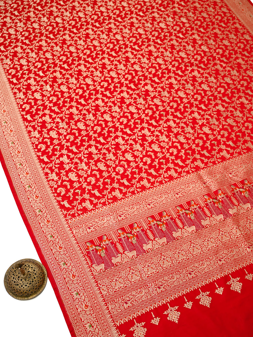 Red Shikargah Meenakari Katan Silk Handloom Banarasi Dupatta - Sacred Weaves