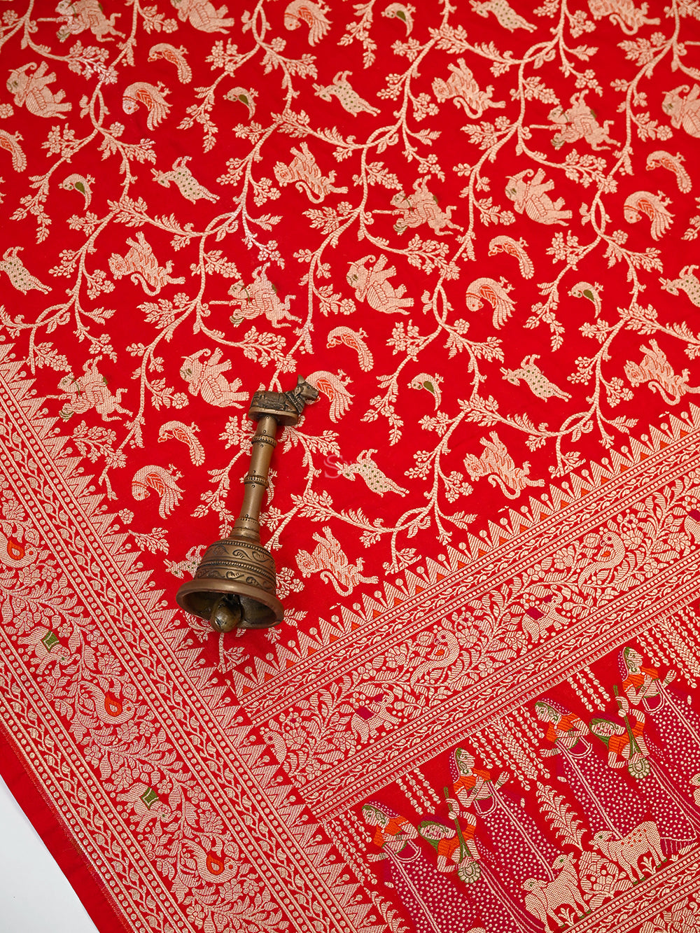 Red Shikargah Meenakari Katan Silk Handloom Banarasi Dupatta - Sacred Weaves