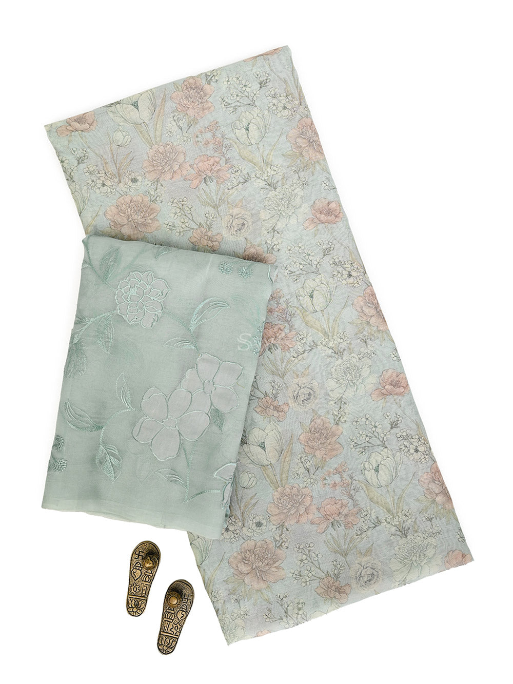 Sea Green Printed Cotton Handloom Banarasi Suit - Sacred Weavea