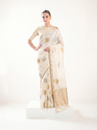 Cream Boota Satin Silk Handloom Banarasi Saree - Sacred Weaves