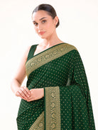 Bottle Green Zari Booti Crepe Silk Handloom Banarasi Saree - Sacred Weaves