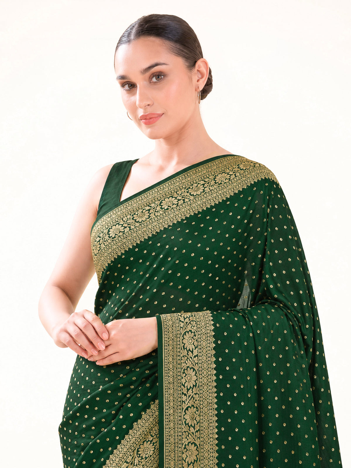 Bottle Green Zari Booti Crepe Silk Handloom Banarasi Saree - Sacred Weaves
