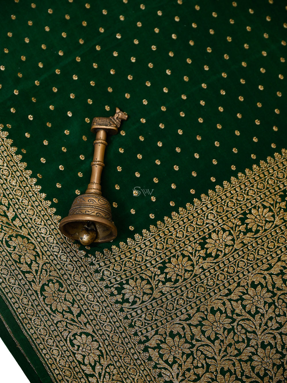Bottle Green Zari Booti Crepe Silk Handloom Banarasi Saree - Sacred Weaves