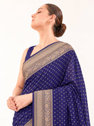 Navy Blue Booti Crepe Silk Handloom Banarasi Saree - Sacred Weaves