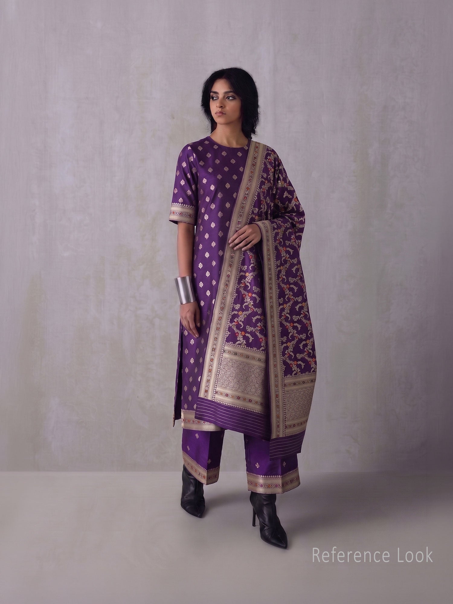 Dark Purple Meenakari Booti Katan Silk Handloom Banarasi Suit - Sacred Weaves