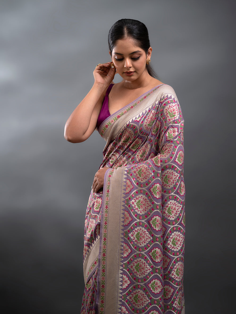 Pastel Purple Meenakari Jaal Khaddi Georgette Handloom Banarasi Saree - Sacred Weaves
