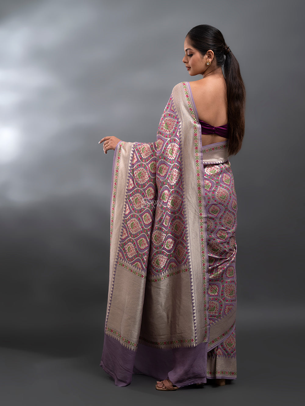 Pastel Purple Meenakari Jaal Khaddi Georgette Handloom Banarasi Saree - Sacred Weaves
