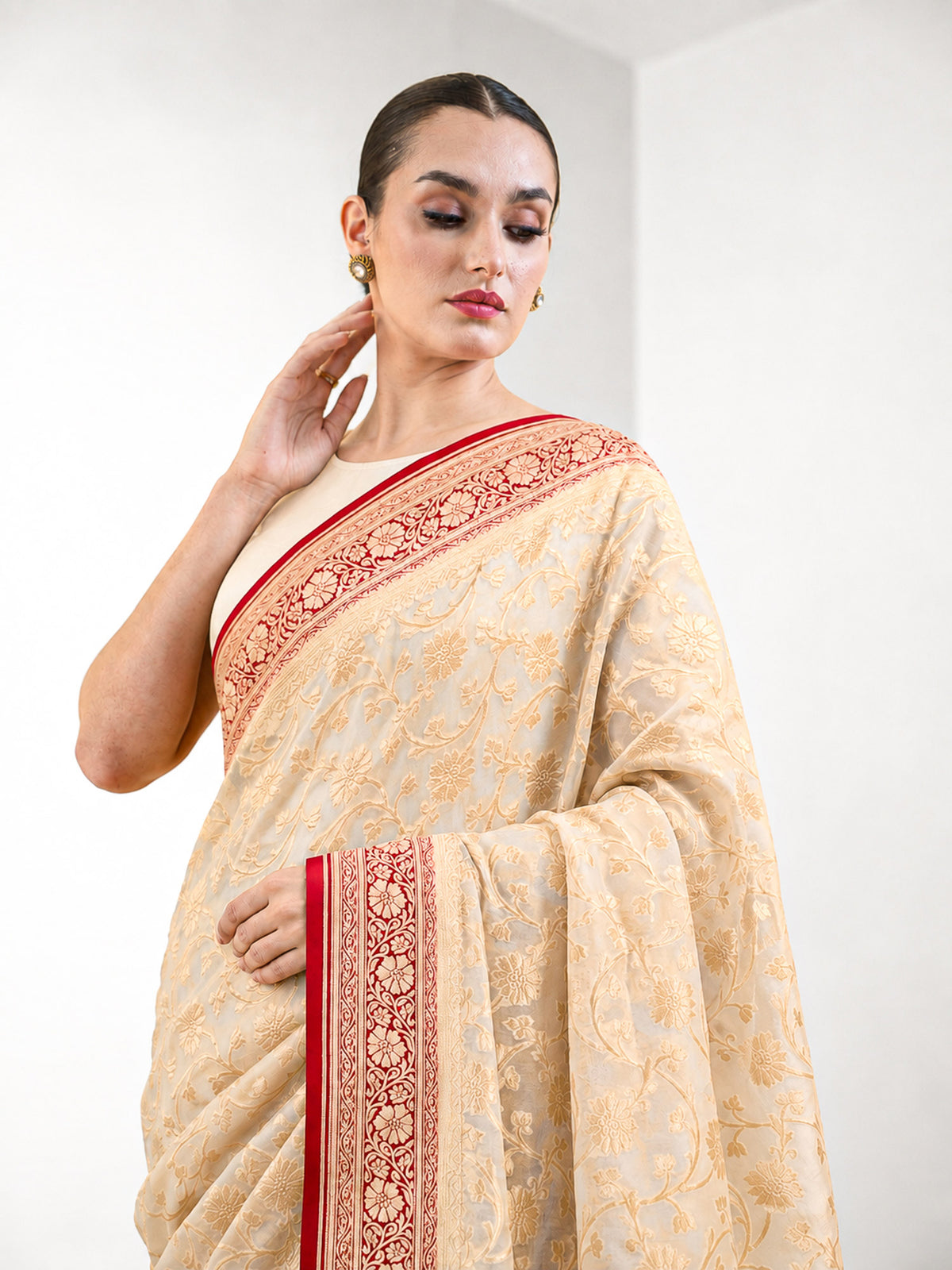 Cream Jaal Khaddi Georgette Handloom Banarasi Saree - Sacred Weaves
