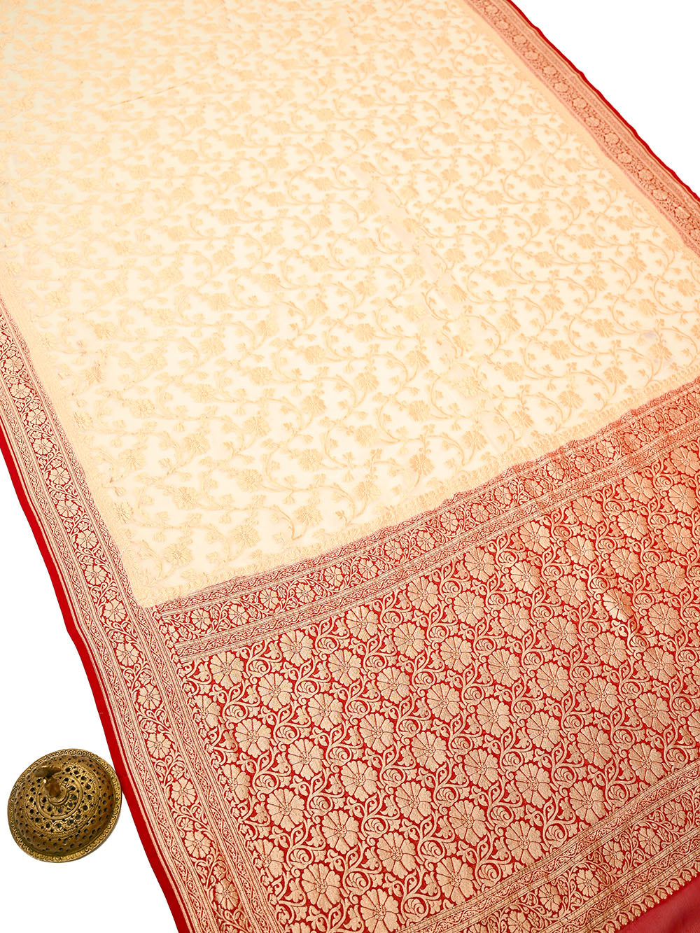 Cream Jaal Khaddi Georgette Handloom Banarasi Saree - Sacred Weaves