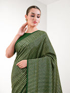 Bottle Green Zari Stripe Crepe Silk Handloom Banarasi Saree - Sacred Weaves