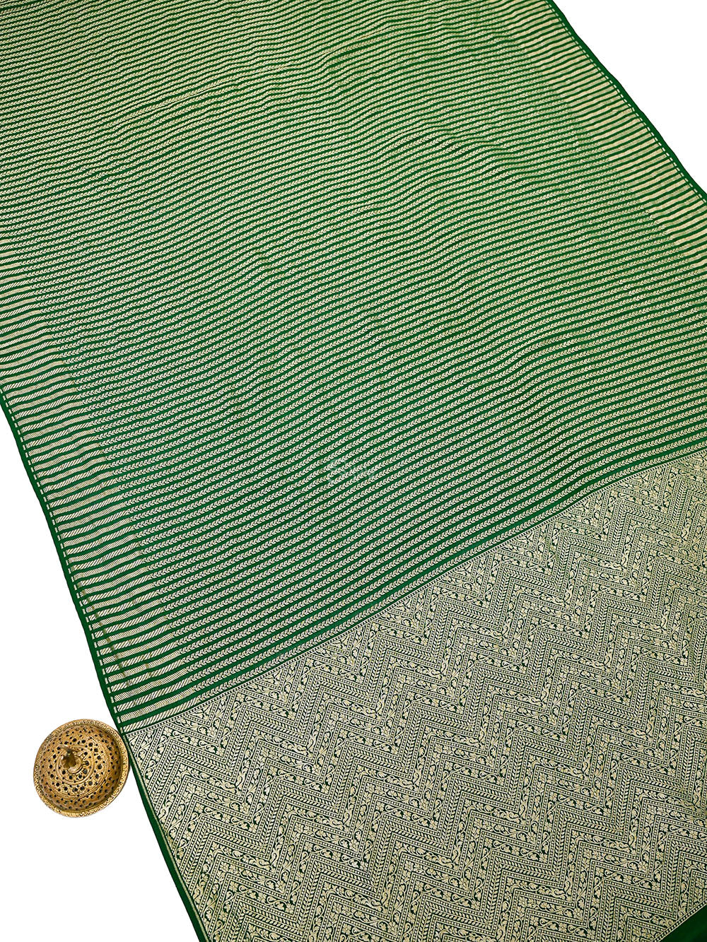 Bottle Green Zari Stripe Crepe Silk Handloom Banarasi Saree - Sacred Weaves