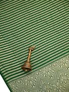 Bottle Green Zari Stripe Crepe Silk Handloom Banarasi Saree - Sacred Weaves