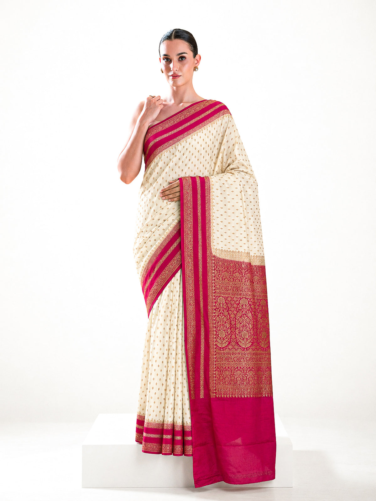 Cream Zari Booti Crepe Silk Handloom Banarasi Saree - Sacred Weaves