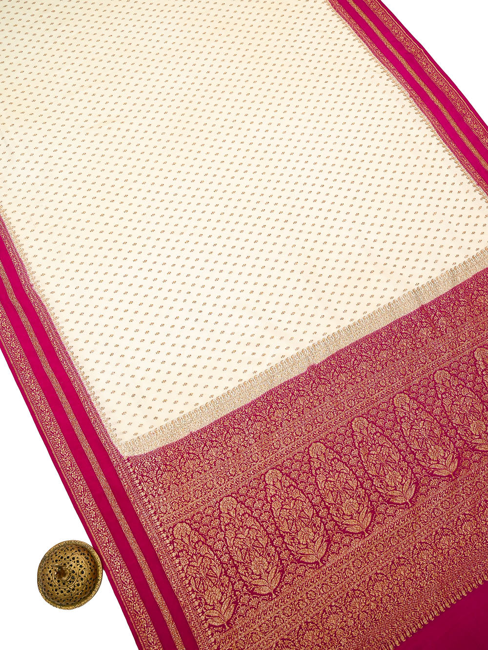 Cream Zari Booti Crepe Silk Handloom Banarasi Saree - Sacred Weaves