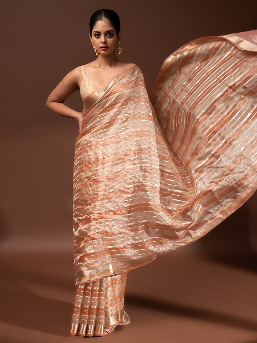 Pastel Peach Tissue Rangkat Handloom Banarasi Saree - Sacred Weaves
