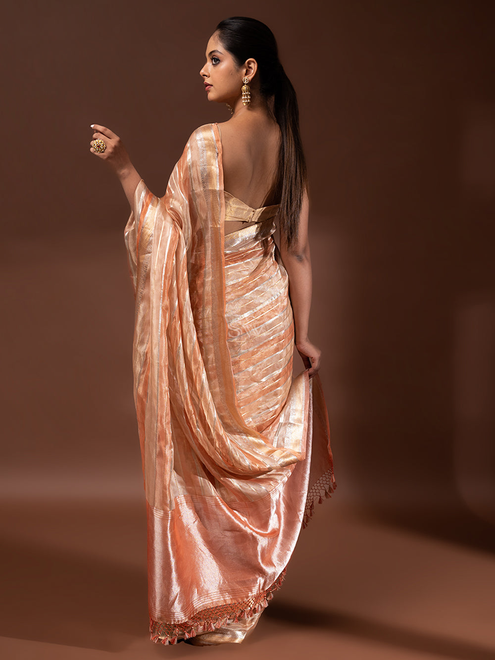 Pastel Peach Tissue Rangkat Handloom Banarasi Saree - Sacred Weaves