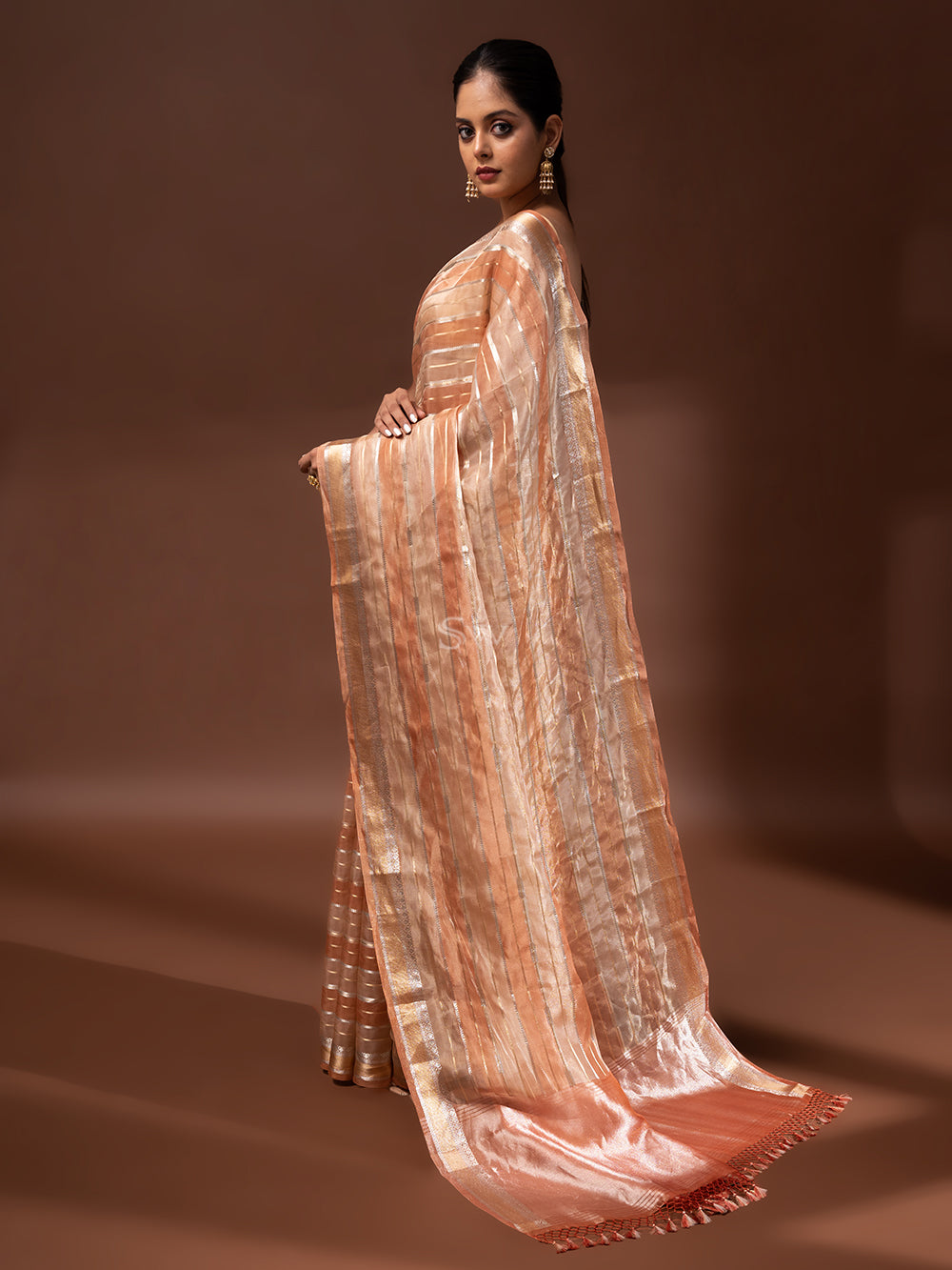 Pastel Peach Tissue Rangkat Handloom Banarasi Saree - Sacred Weaves