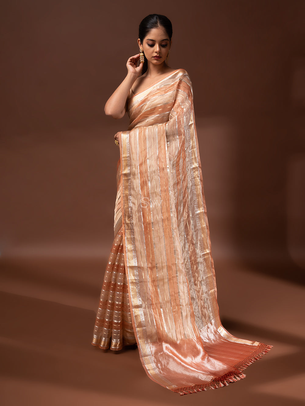 Pastel Peach Tissue Rangkat Handloom Banarasi Saree - Sacred Weaves