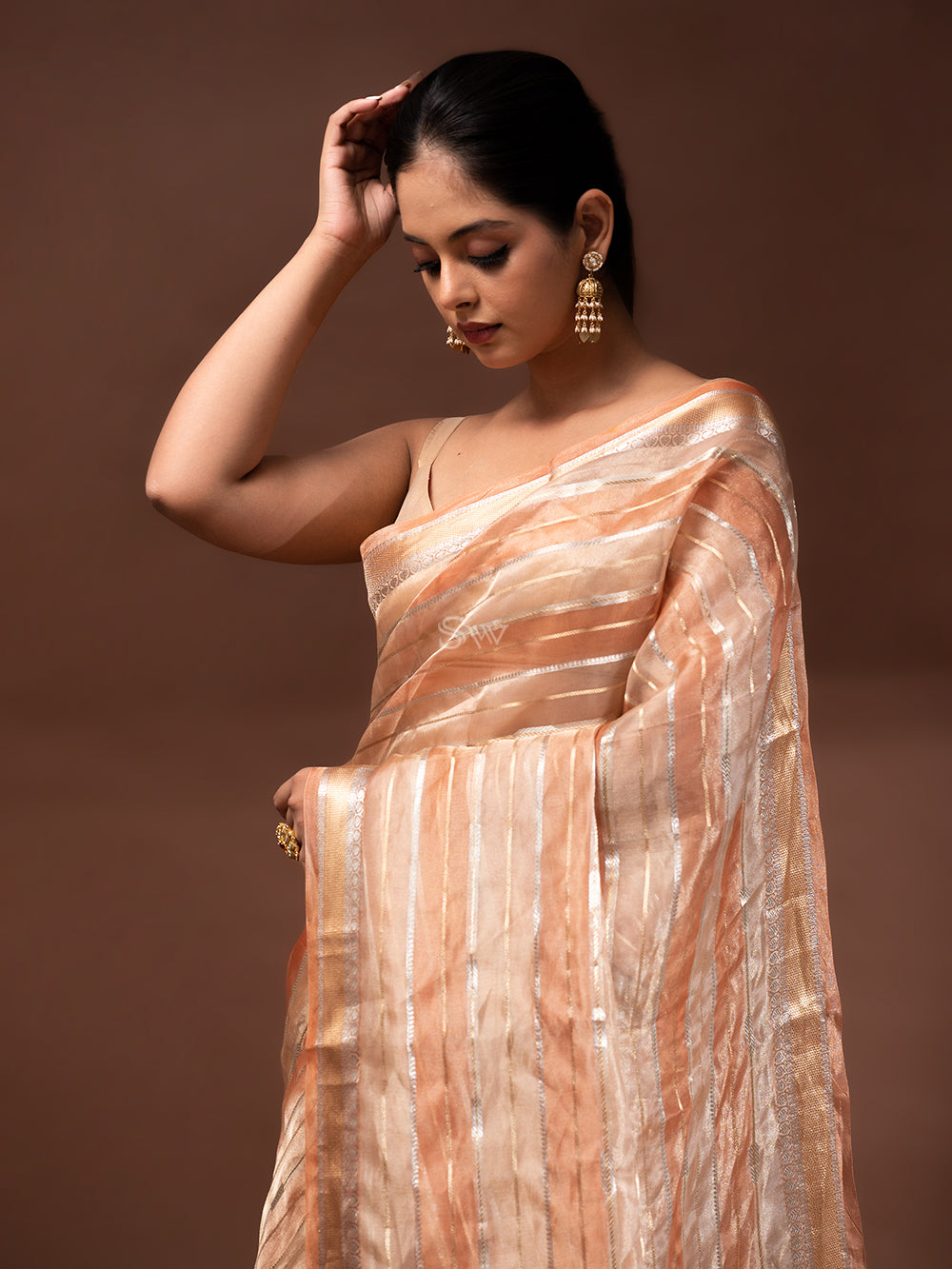 Pastel Peach Tissue Rangkat Handloom Banarasi Saree - Sacred Weaves
