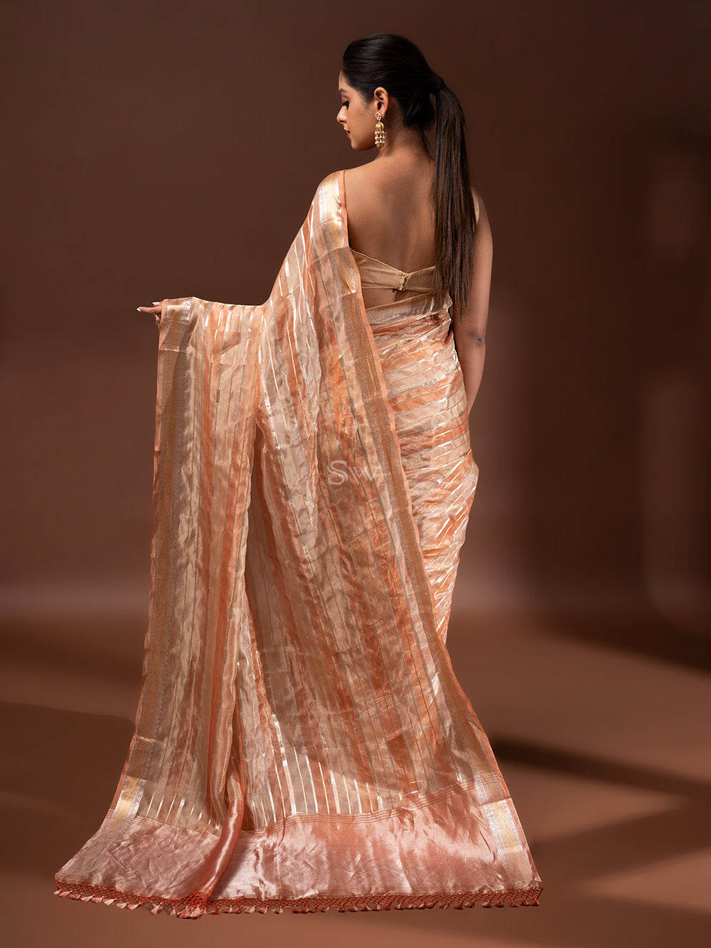 Pastel Peach Tissue Rangkat Handloom Banarasi Saree - Sacred Weaves