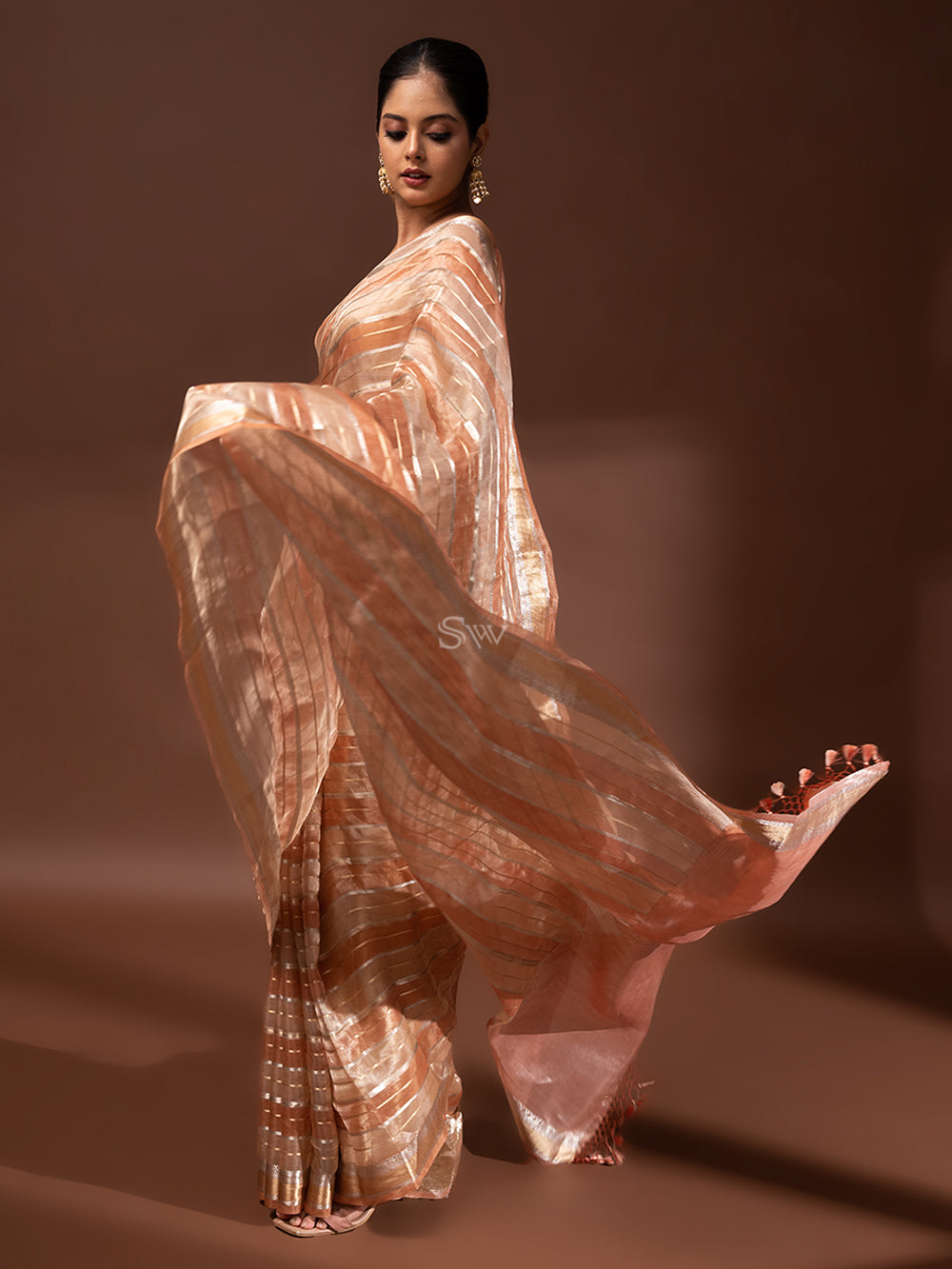 Pastel Peach Tissue Rangkat Handloom Banarasi Saree - Sacred Weaves