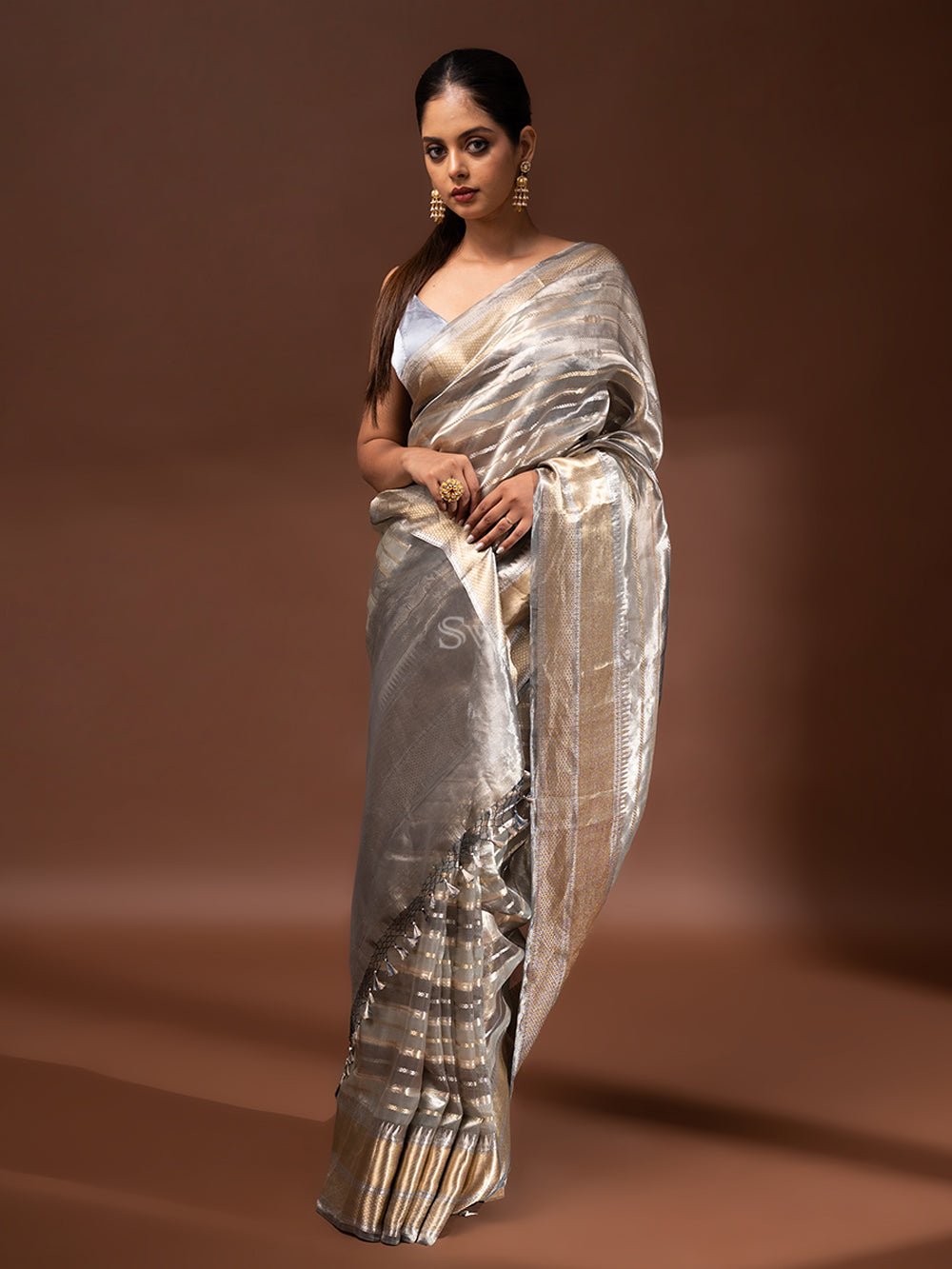 Grey Tissue Rangkat Handloom Banarasi Saree - Sacred Weaves