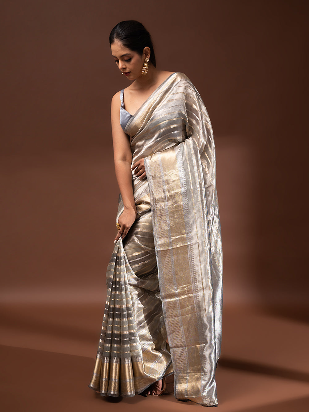 Grey Tissue Rangkat Handloom Banarasi Saree - Sacred Weaves