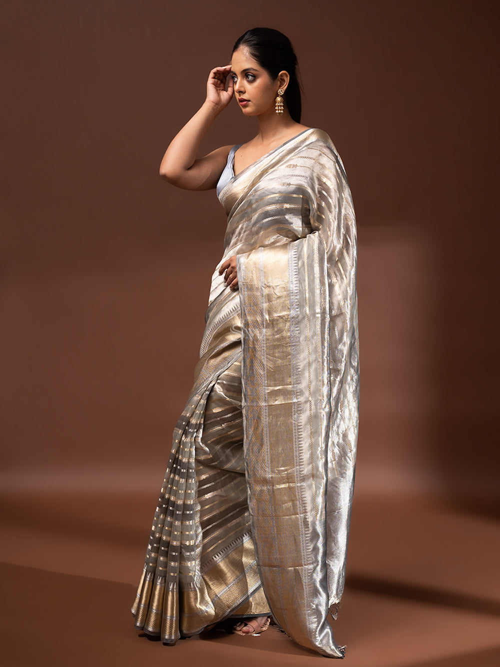 Grey Tissue Rangkat Handloom Banarasi Saree - Sacred Weaves