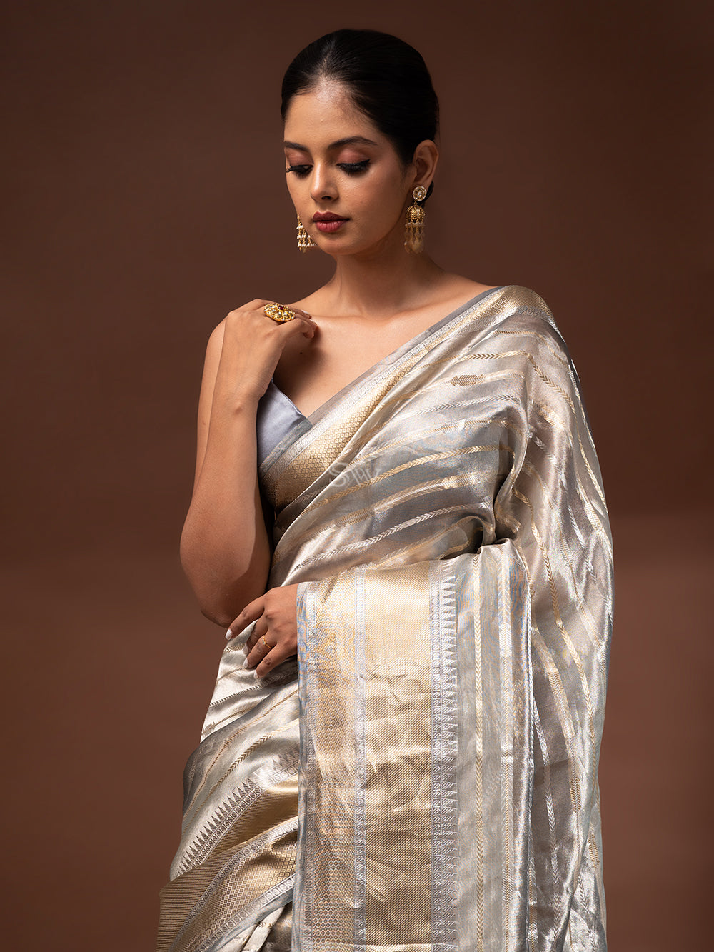 Grey Tissue Rangkat Handloom Banarasi Saree - Sacred Weaves