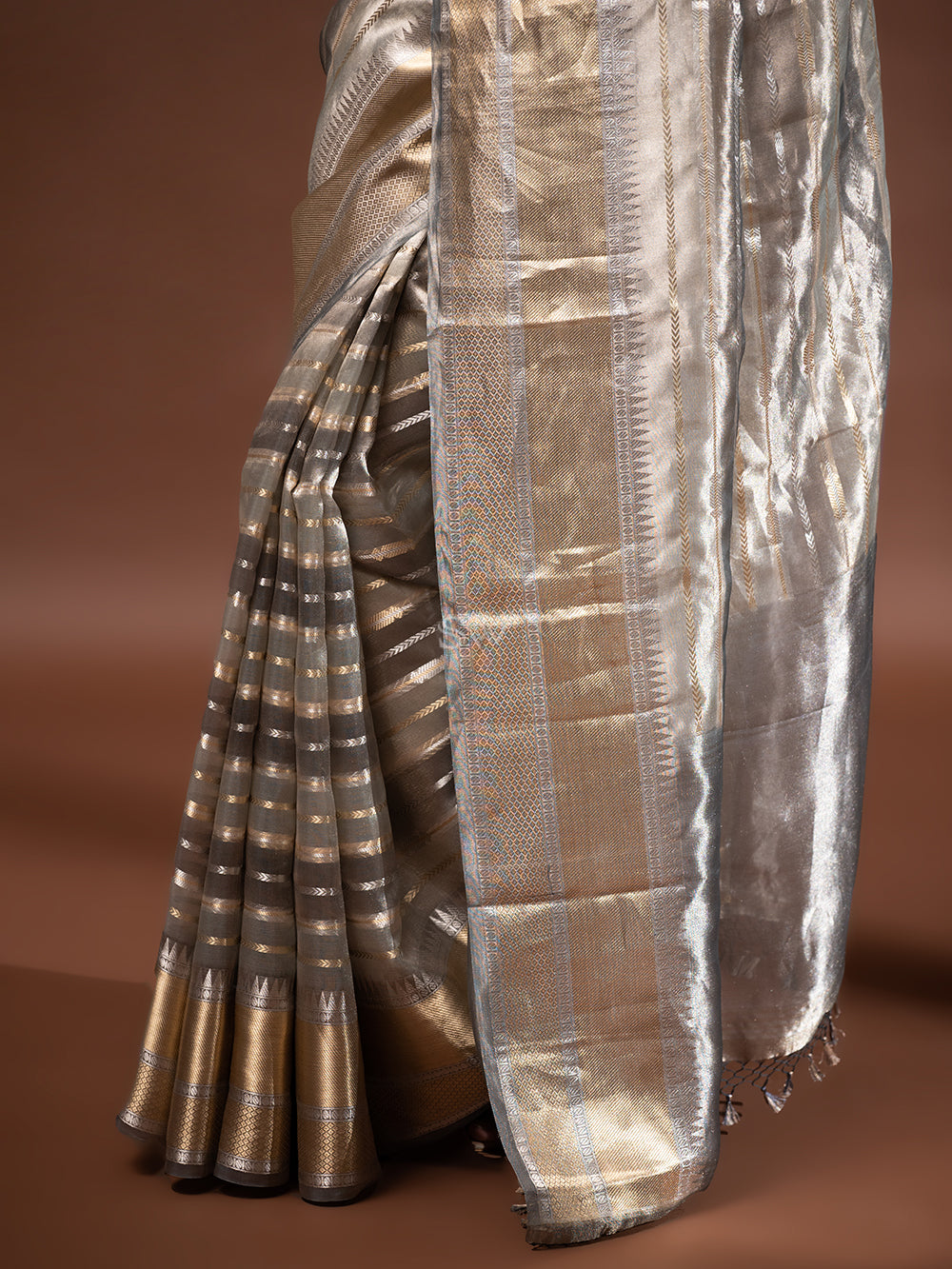 Grey Tissue Rangkat Handloom Banarasi Saree - Sacred Weaves
